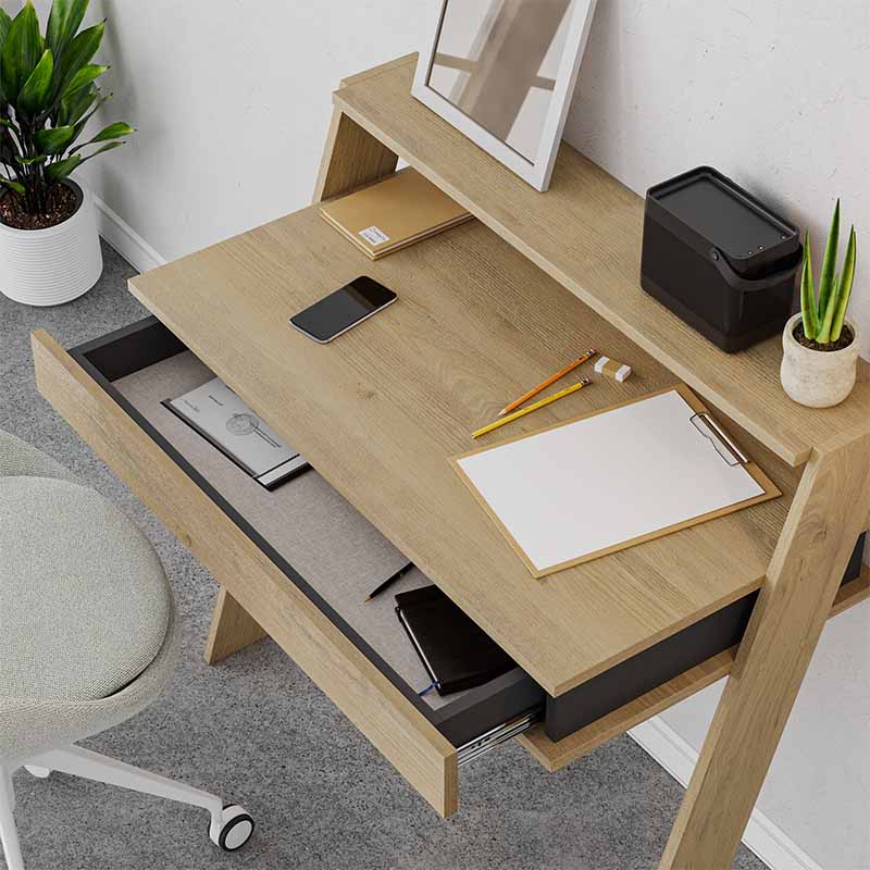 LAPI Home Desk in natural beech melamine, showcasing its elegant design and dimensions of 94x50x91 cm.